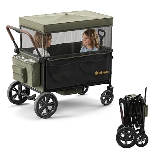 BabyVista Stroller Wagon for Kids, One-Hand Adjustable Push/Pull Handle | Spacious Storage, 8"/11" All-Terrain Wheels, Canopy with Bug Net, Wagon Stroller for Daily Walks, Short Trips & Grocery Runs