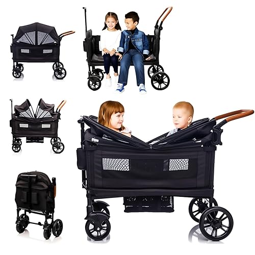 MRZLB Luxury Wagon Stroller for 2 Kids & Cargo-Lightweight Travel Stroller | Foldable Push Pull All-Terrain Double Wagon for 2 Toddlers, 5-Point Harness,Adjustable Handle,Canopy,Tray Table,Cup Holder