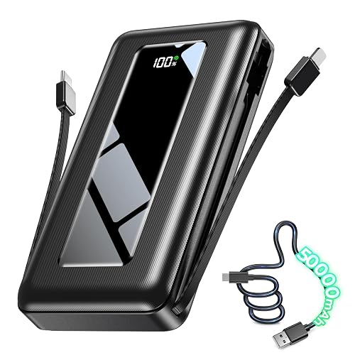 50000mAh Portable Charger Power Bank, Fast Charging with Built in Cables | Ultra-High Capacity, Travel Essential, Charge 4 Devices, Flashlight, for iPhone 17/16/15 Series, Samsung, iPad & Laptops
