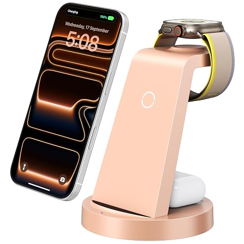 Anlmz 3 in 1 Charging Station - Wireless Charger for Apple Multiple Devices | Fast Charge Stand for iPhone 18-8 iWatch Airpods 4 3 Pro No Tangled Cables Ideal for Desk Bedside with 18W Adapter Rose