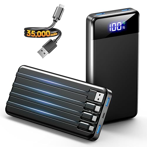 SABANI Portable Charger 35000mAh Power Bank, 4 Built in Cable Big Capacity | Ultra Slim, 22.5W Fast Charge, Travel Camping Essential, USB C External Battery Pack for iPhone Samsung Android, Black