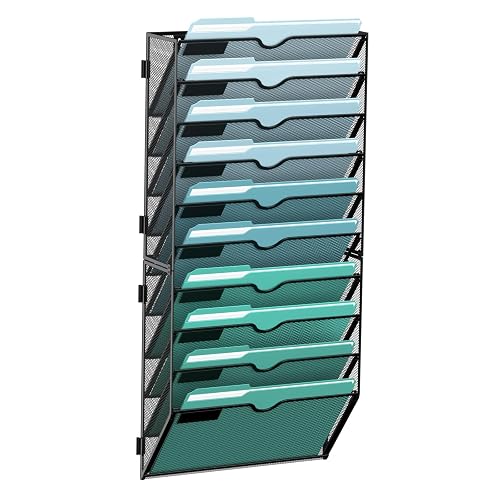 SUPEASY 10-Tier Wall File Organizer, Hanging File Holder, Wall Mail Sorter | Metal Mesh Hanging File Organizer with Open Compartments and Label Panels for Papers and Folders at Home, Office or School