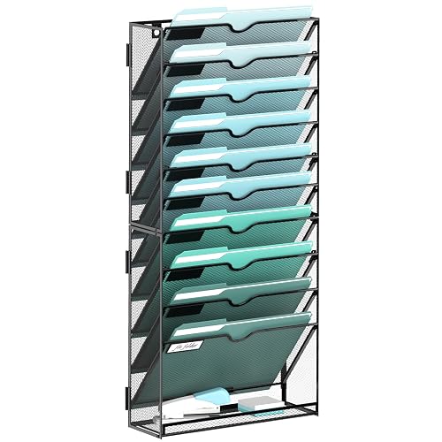 SUPEASY 11-Tier Wall File Organizer, Hanging File Holder, Wall Mail Sorter | Metal Mesh Hanging File Organizer with Open Compartments and Label Panels for Papers and Folders at Home, Office or School