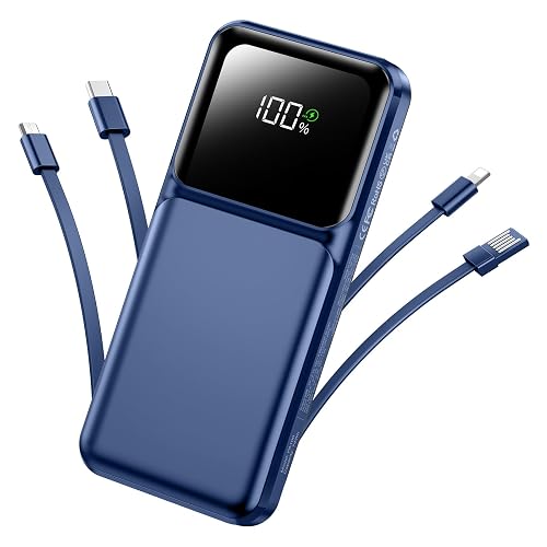 Portable Charger Power Bank with Built in Cable 20000mAh Fast Charging | 22.5W USB C Fast Charging Battery Pack for iPhone Android, Slim, LED Display,5 Outputs & 3 Inputs,Travel Essentials