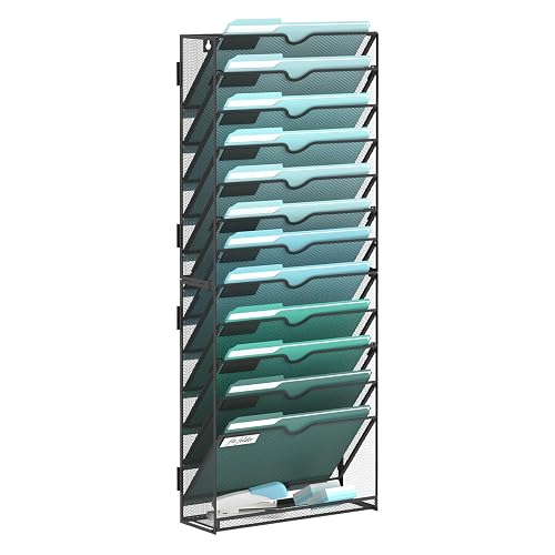 SUPEASY 13-Tier Wall File Organizer, Hanging File Holder, Wall Mail Sorter | Metal Mesh Hanging File Organizer with Open Compartments and Label Panels for Papers and Folders at Home, Office or School
