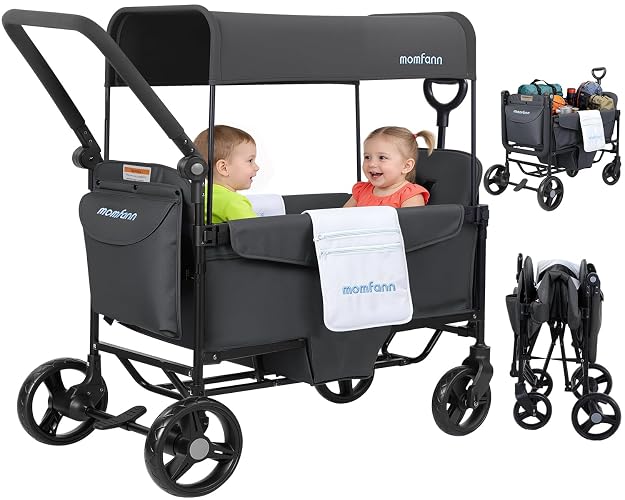 MOMFANN Wagon Stroller for 2 Kids, All-Terrain Foldable Baby Wagon, Gray | Adjustable Push & Pull Handle, 5-Point Harness, Removable Canopy, Footwell & Large Storage Bag