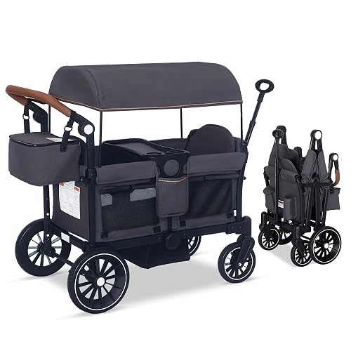 TODEFULL Foldable Wagon Stroller for 2 Kids,Push/Pull Handle Stroller Wagon | 2 Seater Toddler Wagon Stroller with Canopy, All Terrain Wheels, Adjustable Handle, Snack Tray, Large Storage Kids Wagon Cart