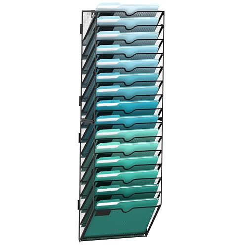 SUPEASY 15-Tier Wall File Organizer, Hanging File Holder, Wall Mail Sorter | Metal Mesh Hanging File Organizer with Open Compartments and Label Panels for Papers and Folders at Home, Office or School