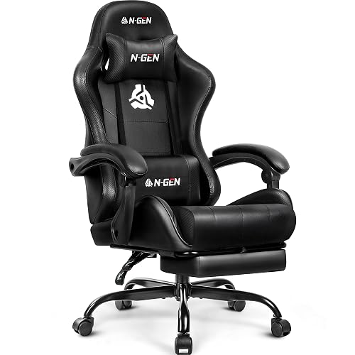 N-GEN GAMING Gaming Chair with Footrest, Lumbar, High-Back, All Black | Reclining Backrest, Linkage Armrests, Durable PU Leather, Adjustable Comfort for Extended Computer, Desk, or Home Office Use