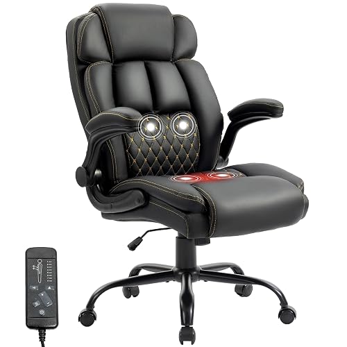 Massage Office Chair,500LBS Ergonomic Rocking Executive Desk Chairs with 4 Points Vibration&Heat,Padded Flipup Armrests for Big and Tall Office Chair,Swivel Computer Chair Black