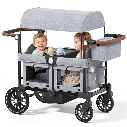 Kinder King Folding Wagon Stroller for 2 Kids, Shock-Absorbing Wheel, Gray | All-Terrain 2 Seater Stroller Wagon Outdoor, Removable Canopy, Adjustable Handle, Detachable Tray, Parent Organizer