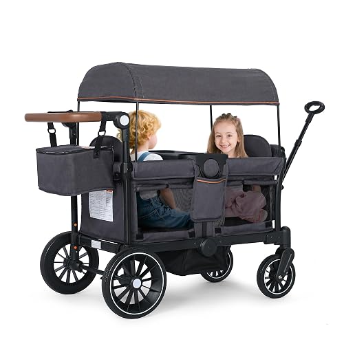 Kinder King Wagon Stroller for 2 Kids, Adjustable Push/Pull Bar, Grey | All-Terrain 2 Seater Folding Outdoor Stroller Wagon, Shock-Absorbing Wheels, Removable Canopy, Detachable Tray, Large Storage