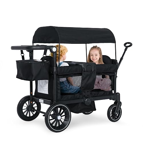 Kinder King Wagon Stroller for 2 Kids, Adjustable Push/Pull Bar, Black | All-Terrain 2 Seater Folding Outdoor Stroller Wagon, Shock-Absorbing Wheels, Removable Canopy, Detachable Tray, Large Storage
