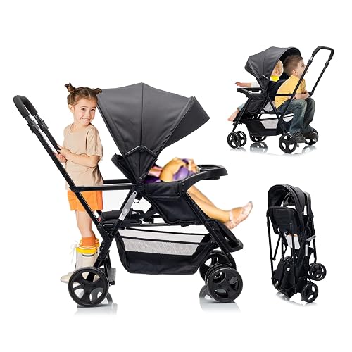 SPWVIP Double Stroller for 2 Kids with Standing Platform | Lightweight Travel Folding Stroller for Toddler ,5-Point Harness,Canopy,Kids Tray,Storage