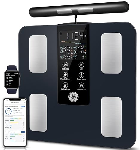 GE Smart Scale for Body Weight: Full Body Composition Analyzer, 50+ Metrics | 8-Electrode Digital Bathroom Scale for Body Weight Fat BMI Muscle Mass Bluetooth, Accurate Weighing Machine 400lb, Black