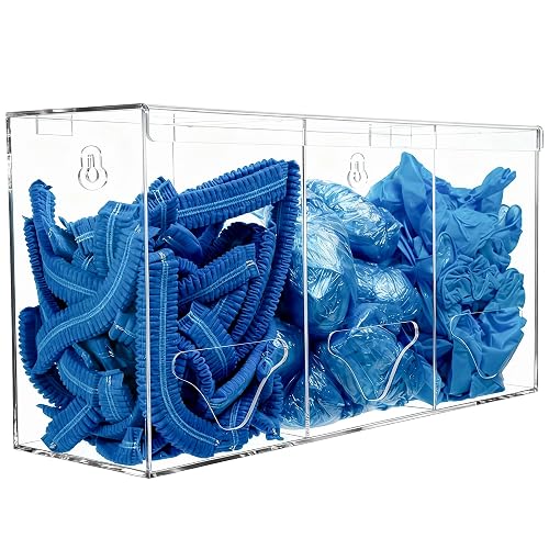 SEANADO Clear Acrylic Glove Holder Dispenser with Lid, 3 Compartments Hygiene Station Storage Box for Beard Nets, Hairnets, Plastic Bags, Shoe Cover - Wall Mount or Tabletop