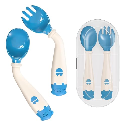 Deejoy Baby Spoons and Forks Self-feeding Flatware Set withTravel Case-Blue | Toddler Utensils with Silicone Bendable Handle, Easy Grip Heat-Resistant, Ideal for Kids, Stage 2