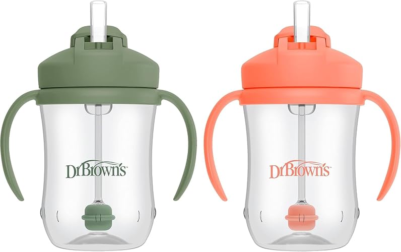 Dr. Brown's Milestones Baby's First Straw Cup, Coral & Green, 2-Pack | 9 oz/270 mL Toddler Training Cups with Weighted Straws, BPA-Free, 6m+