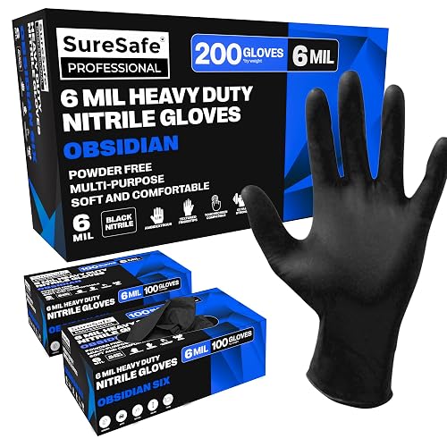 SURESAFE Black Nitrile Gloves, 6 Mil Powder-Free Latex-Free Disposable | Heavy-duty textured grip for mechanic, automotive, industrial, tattoo, cleaning; puncture resistant, secure snug fit