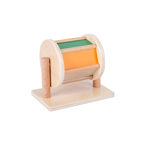 Adena Montessori Medium Spinning Drum, 6-12m | 6 color panels incl. mirror, rattles when spun. Wooden bars for easy grip. Boosts tummy time, motor & tracking. Gift.