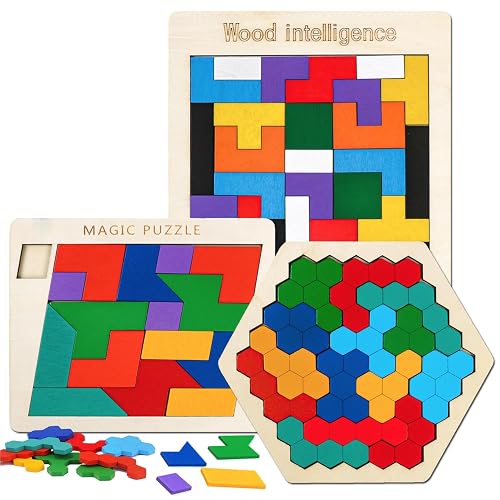 NAODONGLI Wooden Brain Teaser Puzzles,Montessori Tangrams Pattern Blocks Logic Board Geometric Shapes Jigsaw Puzzle Games for Kids Ages 3-5,4-6(3Pack)