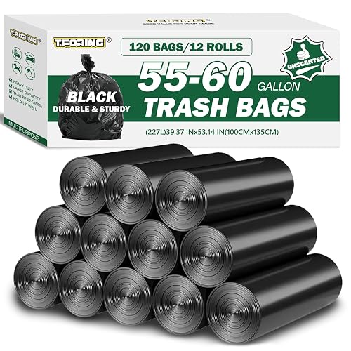 T.FORING 55 - 60 Gallon Trash Bags Unscented, 40'' x 53'', Black, 120 Count | Huge 50+ Gal Garbage Can Liner,Fit 206 - 225 Liter Bins,Multipurpose for Construction Industrial Yard Outdoor Commercial Bulk
