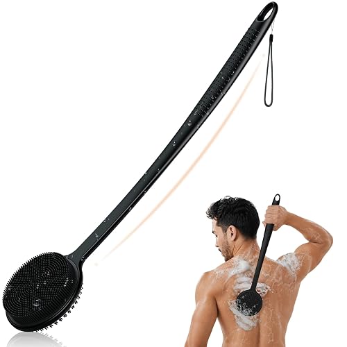 Silicone Back Scrubber for Shower, 17in Lengthen Long Handle Body Brush, Double Sided Shower Brush for Shower Exfoliating and Massage Can Produce Rich Foam, Long Handle Back Scrubber for Men