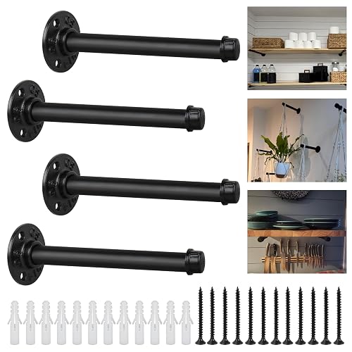 Industrial Black Iron Pipe Shelf Brackets, 8 Inch Set of 4, Wall Mount Rustic DIY Floating Shelving Brackets, Hanging Custom Pipe Brackets for Wardrobe Organizers and Storage