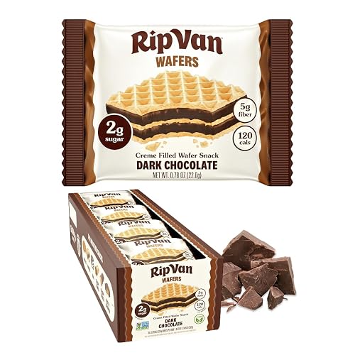 Rip Van Dark Chocolate Wafer Cookies, 2g Sugar, 16 Count | Individually wrapped, 2g sugar, 4g net carbs each — a low-sugar sweet for desk snacks, lunch boxes and the end of a meal.