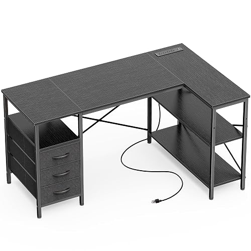 Huuger L Shaped Office Desk with Power Outlets & 3 Drawers | 47 Inch Computer Desk with Shelves, for Gaming, Corner Work, Home Office, Study, Black