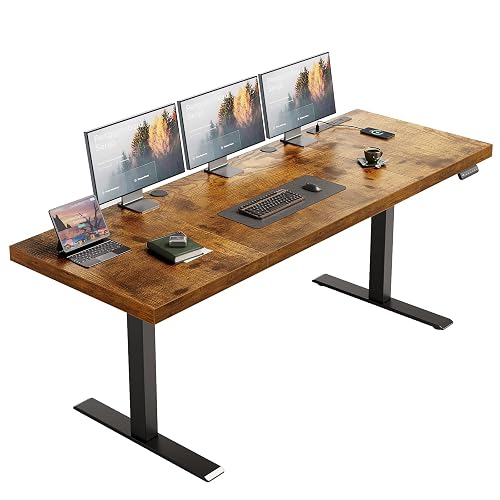 OffiGo 71" Executive Electric Standing Desk Height Adjustable, Rustic Brown | 1.38" Thick 3-Panel Desktop, Power Outlets, 3 Memory Presets, Dual-Beam Frame for Home Office, Workstation, Conference Room