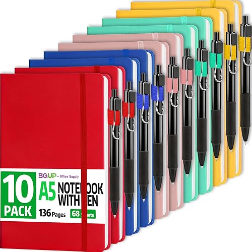 BGUP 10 Pack Lined Journal Notebook with Pen, A5 Hardcover Leather Journal 5.5"*8.3", 5 Colors 136 Pages College Ruled Notebooks and Pen Set for Office School Business Supplies