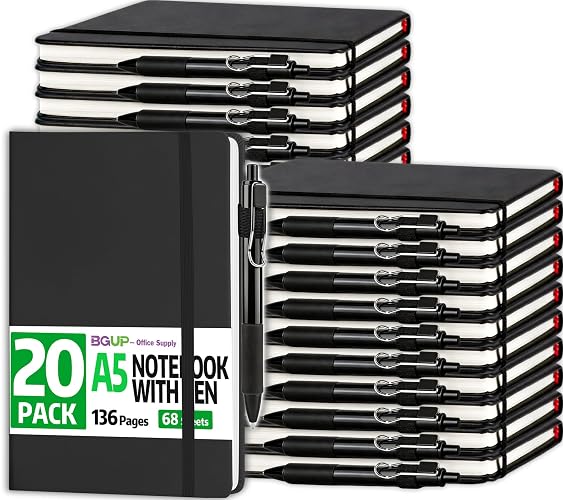 BGUP 20 Pack Lined Journal Notebook with Pen, A5 Hardcover Leather Journal 5.5"*8.3", Black 136 Pages College Ruled Notebooks and Pen Set for Office School Business Supplies