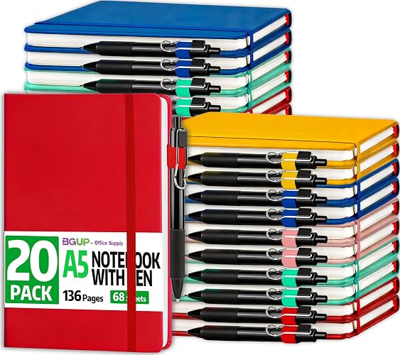 BGUP 20 Pack Lined Journal Notebook with Pen, A5 Hardcover Leather Journal 5.5"*8.3", 5 Colors 136 Pages College Ruled Notebooks and Pen Set for Office School Business Supplies