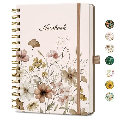 AHGXG Spiral Journal Notebook, 160 Lined Pages, A5 Size (5.7'' x 8.3'') | for Women, Journaling, Writing, Work & Office, Hardcover, 100 GSM Thick Paper (Soft Neutral Floral)