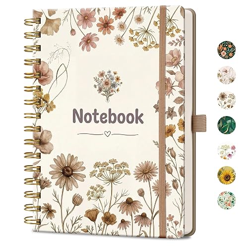 AHGXG Spiral Journal Notebook, 160 Lined Pages, A5 Size (5.7'' x 8.3'') | for Women, Journaling, Writing, Work & Office, Hardcover, 100 GSM Thick Paper (Warm Beige Floral)