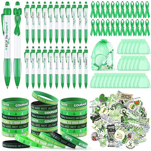 151 Pcs Mental Health Awareness Items Bulk Include 24 Green Ribbon Pens 24 Pins 24 Silicone Bracelets 24 Organza Bags and 55 Stickers Mental Health Gifts for Campaign Public Charity Party Supplies