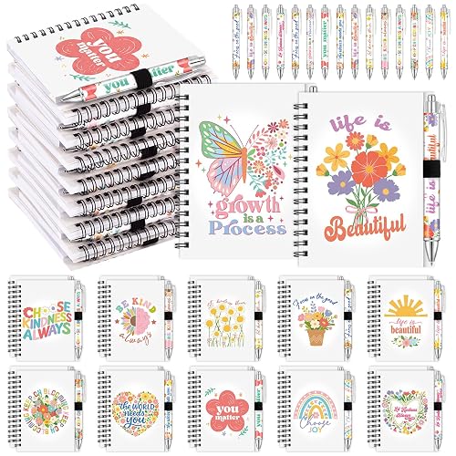 Resurhang 24 Sets Inspirational Spiral Notebook with Pens | Flower thanks Notepads with Ballpoint Pen for Employee Coworkers Staff Teacher Classroom Gifts