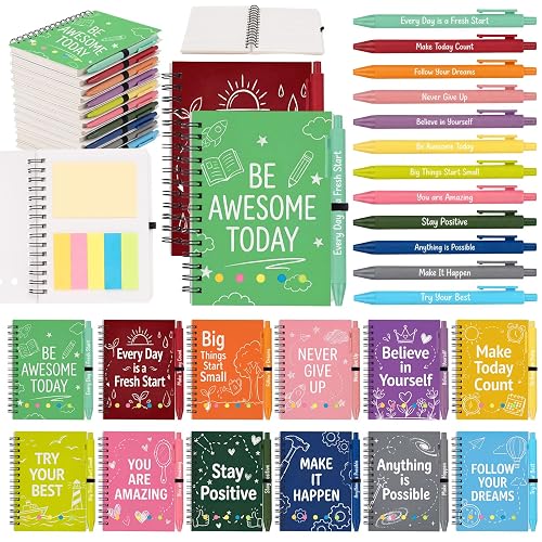 Culudea Sprial Notebooks with Pens Bulk, 24 Pack, 5.5 x 4.7 Inch, Colorful | Motivational Inspirational 24 Pack Notebooks with Pens & Sticky Notes Journals for Kids Classrooms Teachers Team Building