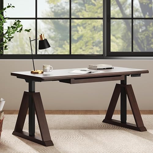 FLEXISPOT 63" WoodiX Solid Wood Executive Standing Desk with Drawer, Walnut | Dual-Motor Lift, 220 LBS Capacity, Stable V-Frame Base, Integrated Cable Management & Power Outlet, Mid-Century Modern Design