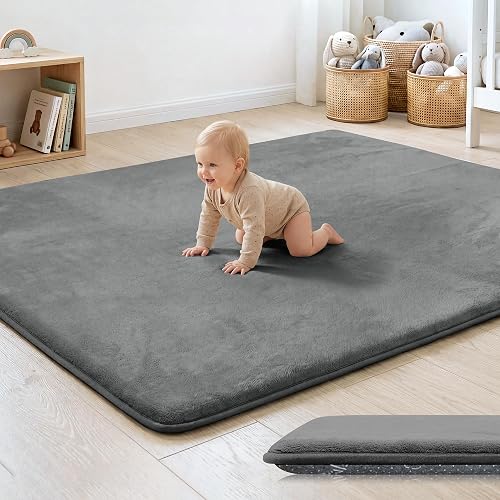 PAPAMAT 1.3" Thick Baby Floor Play Mat 50x50 Foam Kids Play Mat, Dark Grey | Memory Mat for Baby to Play, Waterproof Easy Care with Non-Slip Tummy Time Play Mat for Nursery Playroom Classroom