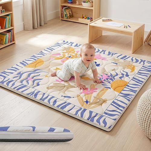 PaPaMat 1.6" Thick Baby Play Mat, 50x50 Removable & Machine Washable Cover | Padded Memory Foam, Non-Slip Backing, 100% Baby-Safe Materials, Tummy Time Crawling, Outdoor, Bedroom, Living Room, Nursery