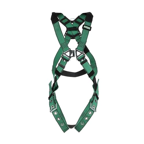 MSA 10197216 V-Form Full Body Safety Harness - Extra Large, D-Ring Configuration: Back/Hip, Tongue Buckle Leg Straps, Color: Green, Full Body Harness, Durable
