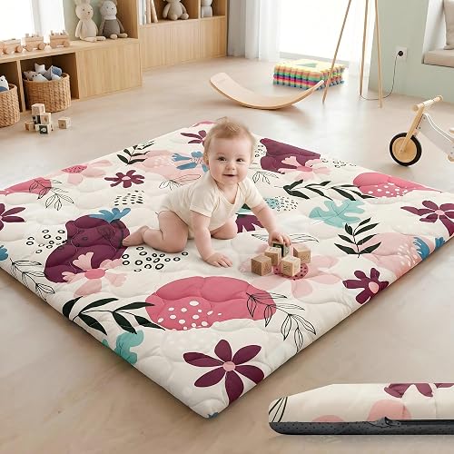 PaPaMat 1.6" Thick Baby Play Mat, 50x50 Removable & Machine Washable Cover | Padded Memory Foam, Non-Slip Backing, 100% Baby-Safe Materials, Tummy Time Crawling, Outdoor, Bedroom, Living Room, Nursery