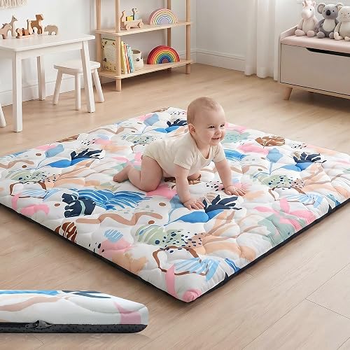 PaPaMat 1.6" Thick Baby Play Mat, 50x50 Removable & Machine Washable Cover | Padded Memory Foam, Non-Slip Backing, 100% Baby-Safe Materials, Tummy Time Crawling, Outdoor, Bedroom, Living Room, Nursery