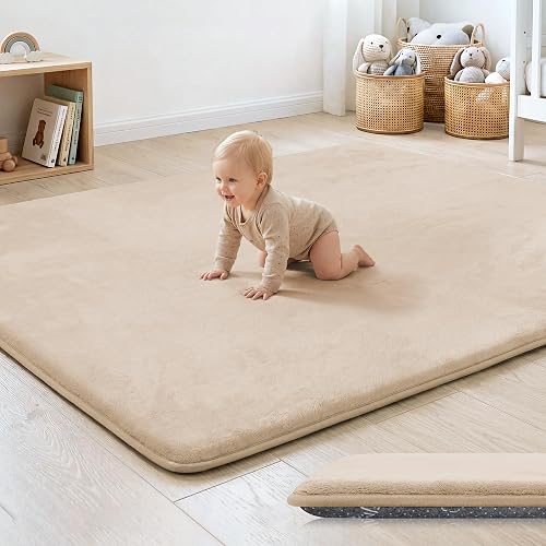 PAPAMAT 1.3" Thick Baby Floor Play Mat 79x118 Padded Foam Play Mat, Beige | Memory Mat for Baby to Play, Waterproof Easy Care with Non-Slip Tummy Time Play Mat for Nursery Playroom Classroom