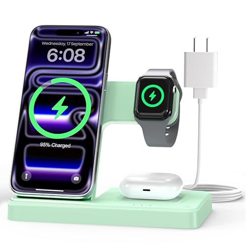 GETPALS Wireless Charger iPhone Charging Station for Apple Multiple Devices | 3 in 1 Charger Stand for iPhone 18 Pro Max 17 17e 16 15 14 13 12 & Watch Series 12-2 SE Ultra & Airpods 5 4 Pro, Light Green