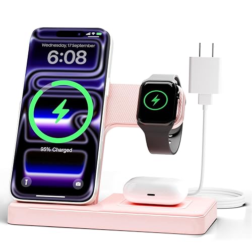 GETPALS Wireless Charger iPhone Charging Station for Apple Multiple Devices | 3 in 1 Charger Stand for iPhone 18 Pro Max 17 17e 16 16e 15 14 13 12 & Watch Series 12-2 SE Ultra & Airpods 5 4 3 Pro, Pink