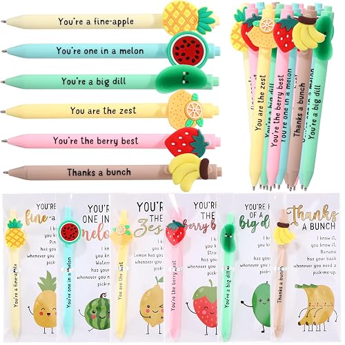 Dunzoom Positive Coworkers Gifts Funny Fruit Pen Bulk Teacher, 24 Sets | Motivational Fruit Ballpoint Pens, Inspirational Cards, Employee Appreciation Gifts, Back to School Party Favor Office Team