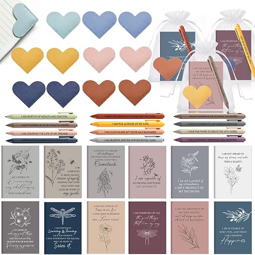 Kosiz 12 Sets Positive Affirmation Gifts Bulk, Motivational Quote Notebooks Inspirational Pens Leather Heart Bookmarks Bags Encouragement Gift Set for Women Teachers Employee Appreciation Gift Event